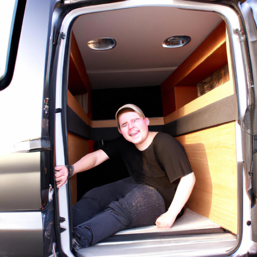 Person in luxury van, smiling