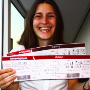 Person holding boarding pass, smiling