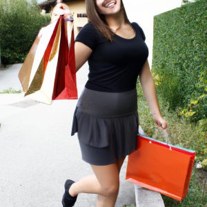 Person holding shopping bags, smiling